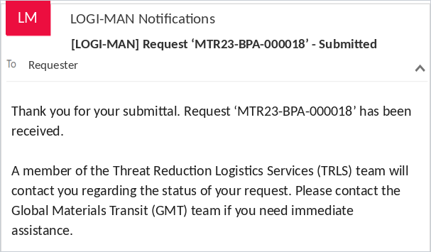 Example LOGI-MAN email confirming a shipping request was submitted
