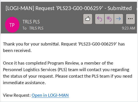 Example LOGI-MAN email confirming a travel request was submitted, with a link to view the request