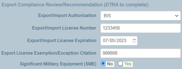 Export compliance fields: authorization, license number, expiration, exemption citation and SME flag