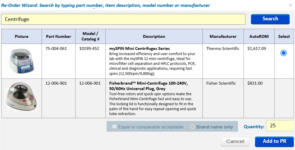 Re-order wizard with part search, product details and AutoROM prices