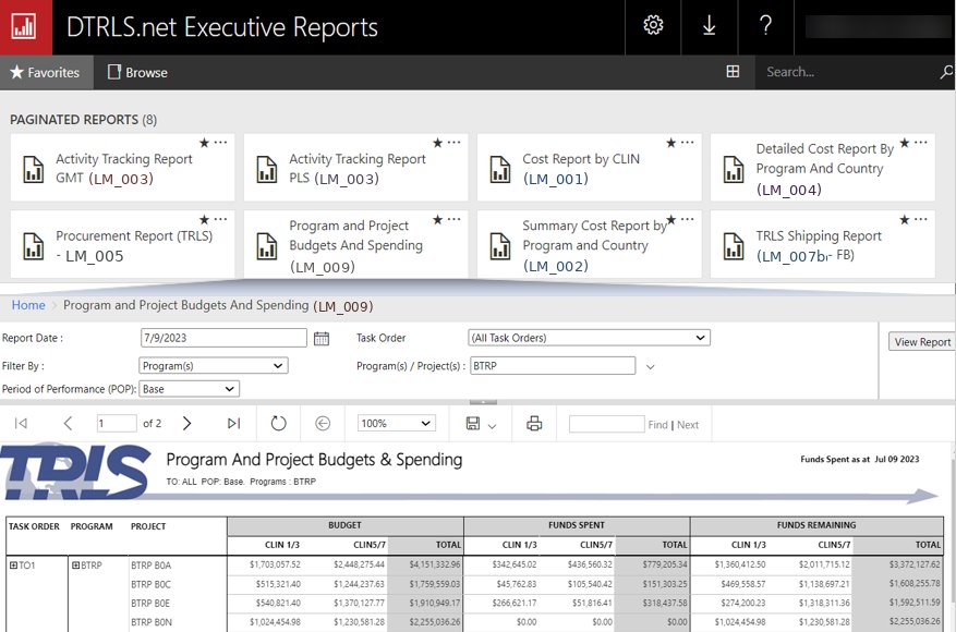 Executive Reports library with program and project budgets and spending report