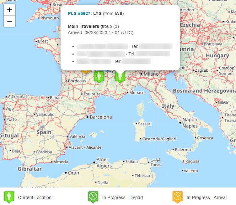 Traveler map showing groups in transit with names hidden