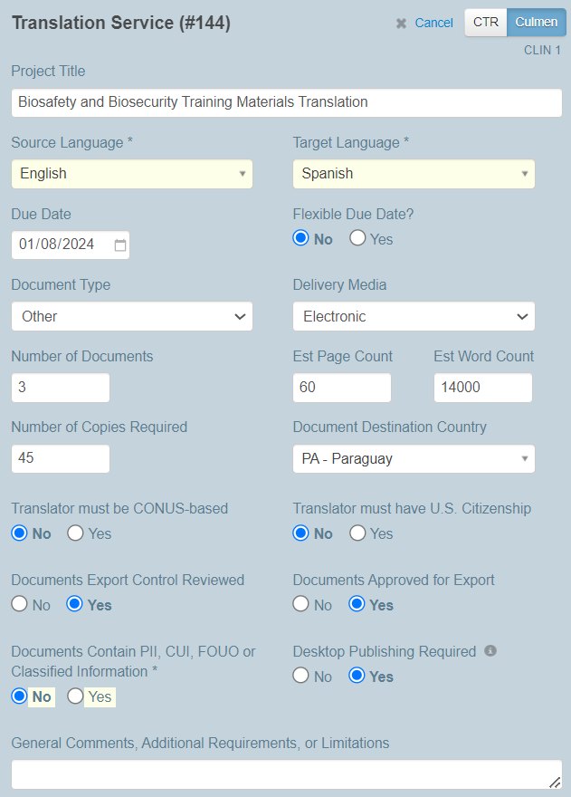 Translation request form with languages, counts and compliance questions