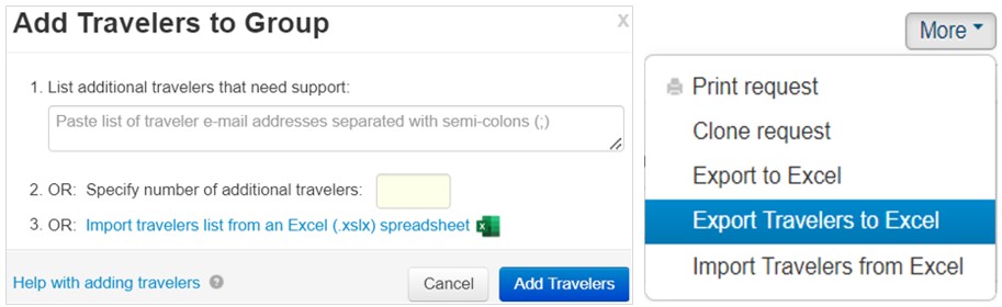 Add travelers dialog: paste email addresses, or import and export travelers with Excel